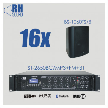 RH SOUND ST-2650BC/MP3+FM+BT + 16x BS-1060TS/B - nagłośnienie naścienne