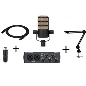 ‌RODE PODMIC + CKMOVA SAS-2 + Klark Teknik MIC BOOSTER CT1 + Presonus audiobox USB 96  + SSQ XX3 - mikrofon dynamiczny + ramie mikrofonowe + kompaktowy przedwzmacniacz mikrofonowy + interfejs audio + kabel XLR-3 metrowy