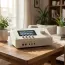 White Yamaha URX44V W audio interface on wooden table in living room