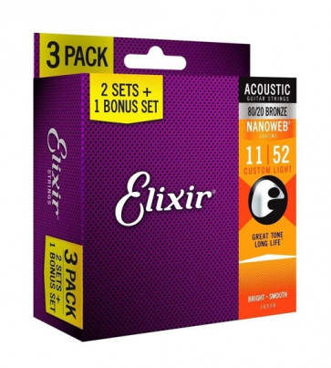 Elixir 16538 Custom Light Bronze (11-52) NW - Triple Set of Acoustic Guitar Strings