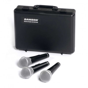 ‌Samson R21S 3 - 3 universal dynamic microphones with switch, cardioid, gold-plated XLR contacts, suitcase