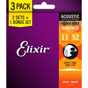 Elixir 16544 Custom Light Phosphor Bronze (11-52) NW - Triple Set of Strings for Acoustic Guitar