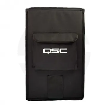Black QSC KC12 cover with logo and pocket, front view